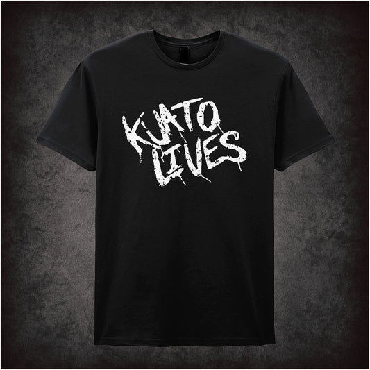 black unisex t-shirt featuring the phrase "Kuato Lives" in bold yellow font, inspired by Total Recall.