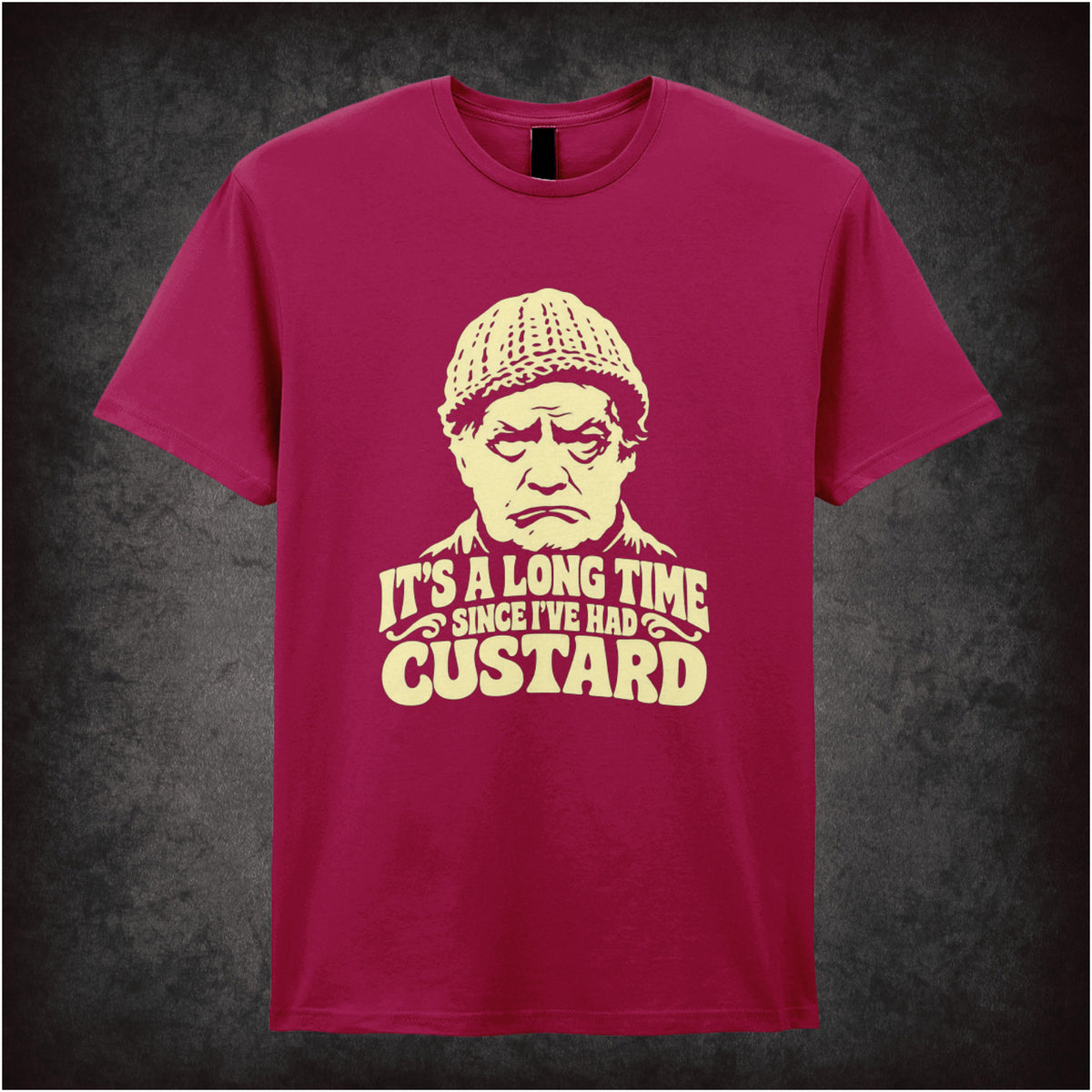 “Compo ‘It’s a long time since I’ve had custard’ T-shirt in cardinal red from Last of the Summer Wine”