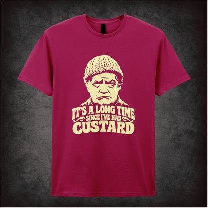 “Compo ‘It’s a long time since I’ve had custard’ T-shirt in cardinal red from Last of the Summer Wine”