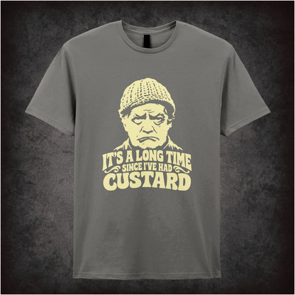 “Compo ‘It’s a long time since I’ve had custard’ T-shirt in charcoal from Last of the Summer Wine”