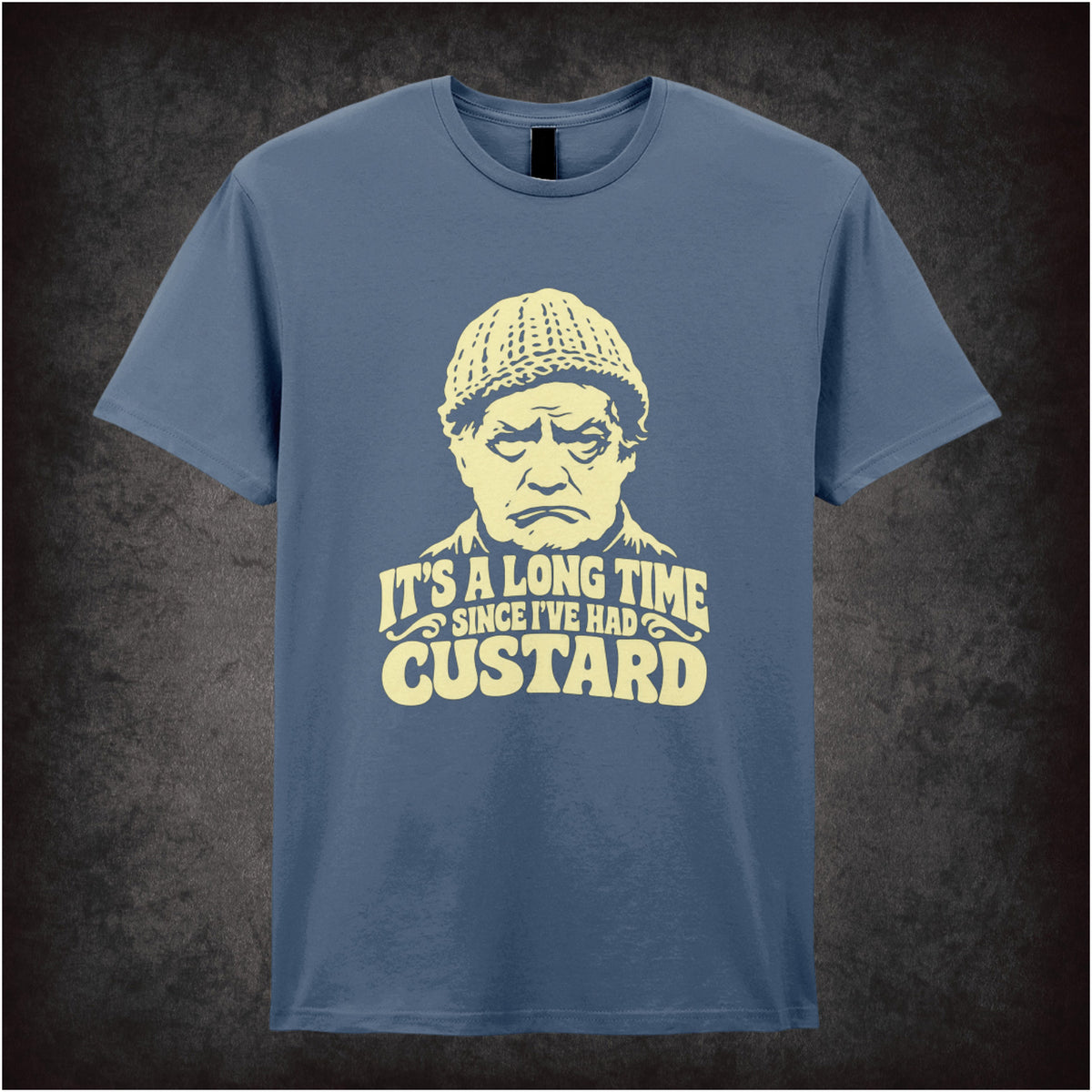 “Compo ‘It’s a long time since I’ve had custard’ T-shirt in indigo from Last of the Summer Wine”