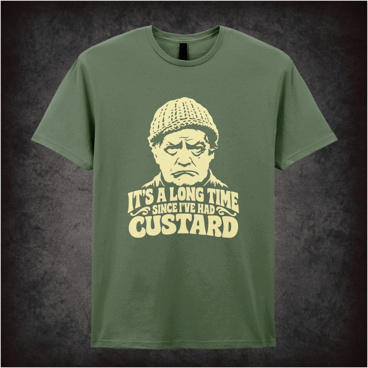 “Compo ‘It’s a long time since I’ve had custard’ T-shirt in military green from Last of the Summer Wine”