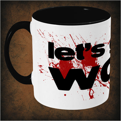 Let’s Go to Work’ two-toned mug inspired by Reservoir Dogs, left hand side featuring iconic movie quote, minimalist design, and collectible Quentin Tarantino film merchandise.