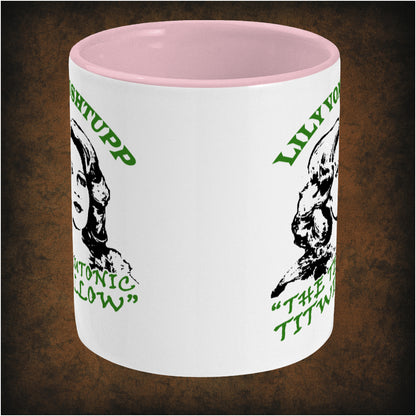 Two-tone ceramic mug featuring Lily Von Shtupp 'The Teutonic Titwillow' design inspired by Blazing Saddles, wrap-around print, center dishwasher and microwave safe.