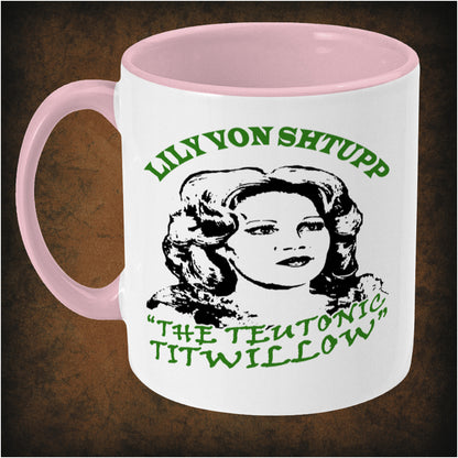 Two-tone ceramic mug featuring Lily Von Shtupp 'The Teutonic Titwillow' design inspired by Blazing Saddles, wrap-around print, left hand side dishwasher and microwave safe.