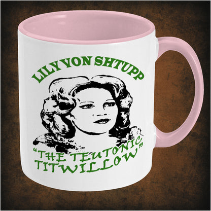 Two-tone ceramic mug featuring Lily Von Shtupp 'The Teutonic Titwillow' design inspired by Blazing Saddles, wrap-around print, right hand side dishwasher and microwave safe.