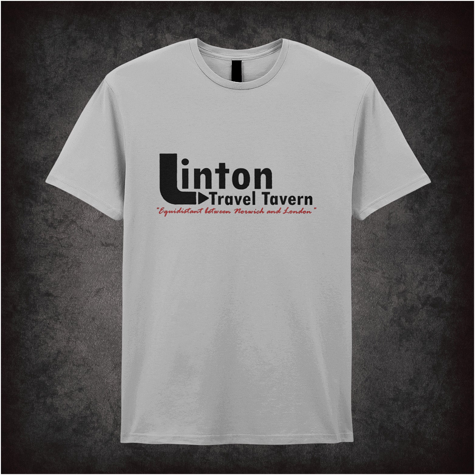 Sports grey unisex t-shirt featuring the linton travel tavern logo from I’m Alan Partridge, displayed in bold, clean lettering.