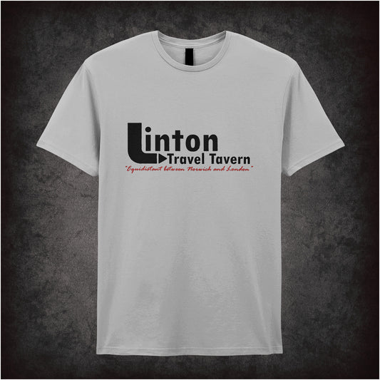 Sports grey unisex t-shirt featuring the linton travel tavern logo from I’m Alan Partridge, displayed in bold, clean lettering.