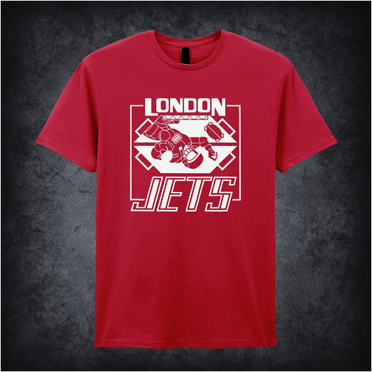 Red unisex t-shirt featuring the “London Jets” logo, inspired by the sci-fi comedy series Red Dwarf, with bold white lettering.