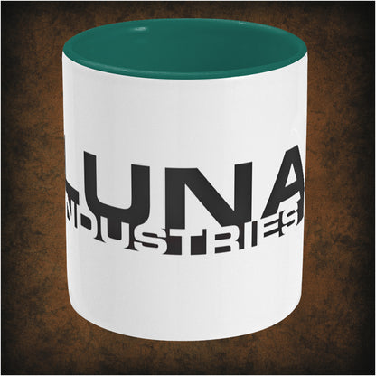 Two-tone ceramic mug featuring Lunar Industries design inspired by Moon, wrap-around print, center dishwasher and microwave safe, perfect sci-fi fan mug.