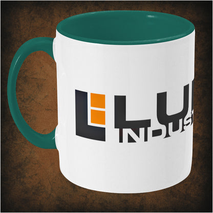 Two-tone ceramic mug featuring Lunar Industries design inspired by Moon, wrap-around print, left hand side dishwasher and microwave safe, perfect sci-fi fan mug.
