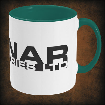 Two-tone ceramic mug featuring Lunar Industries design inspired by Moon, wrap-around print, right hand side dishwasher and microwave safe, perfect sci-fi fan mug.