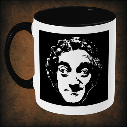 Marty Feldman inspired two-toned mug left hand side featuring iconic comedic likeness, bold caricature design, and classic vintage humour collectible style.