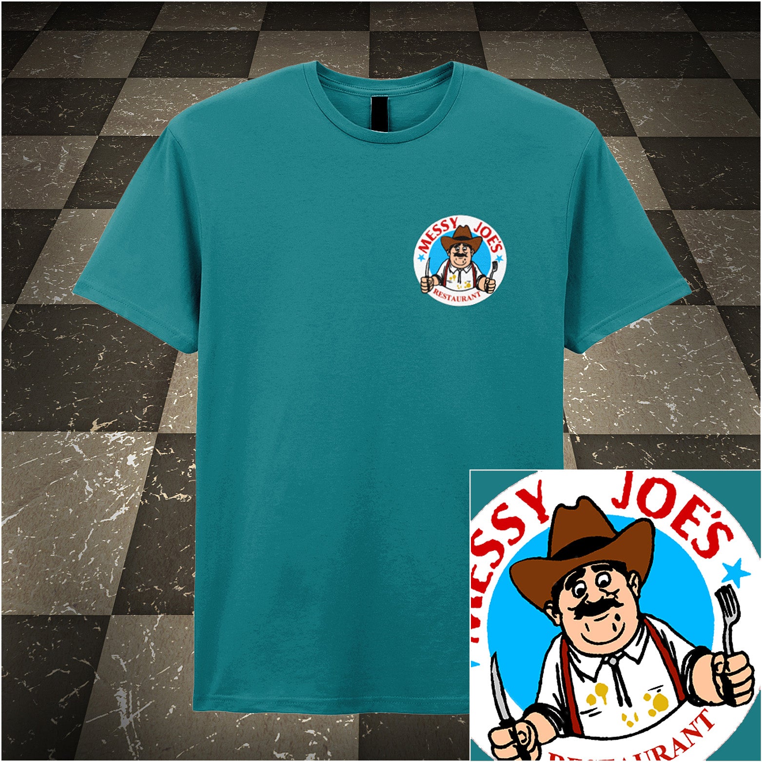 antique sapphire unisex T-shirt featuring “Messy Joe's Restaurant” design inspired by The IT Crowd, styled with bold, playful lettering and a quirky diner theme.