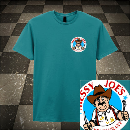 antique sapphire unisex T-shirt featuring “Messy Joe's Restaurant” design inspired by The IT Crowd, styled with bold, playful lettering and a quirky diner theme.