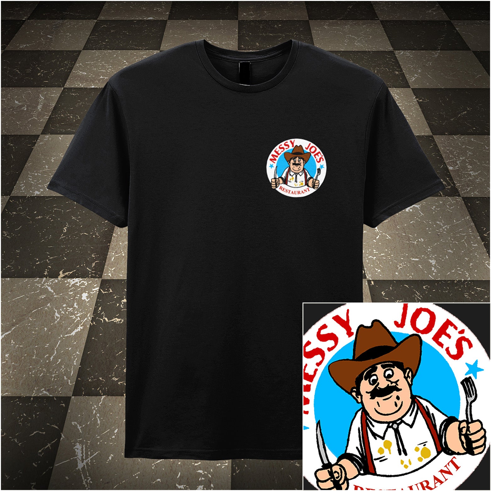 black unisex T-shirt featuring “Messy Joe's Restaurant” design inspired by The IT Crowd, styled with bold, playful lettering and a quirky diner theme.