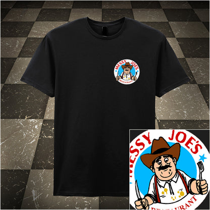 black unisex T-shirt featuring “Messy Joe's Restaurant” design inspired by The IT Crowd, styled with bold, playful lettering and a quirky diner theme.