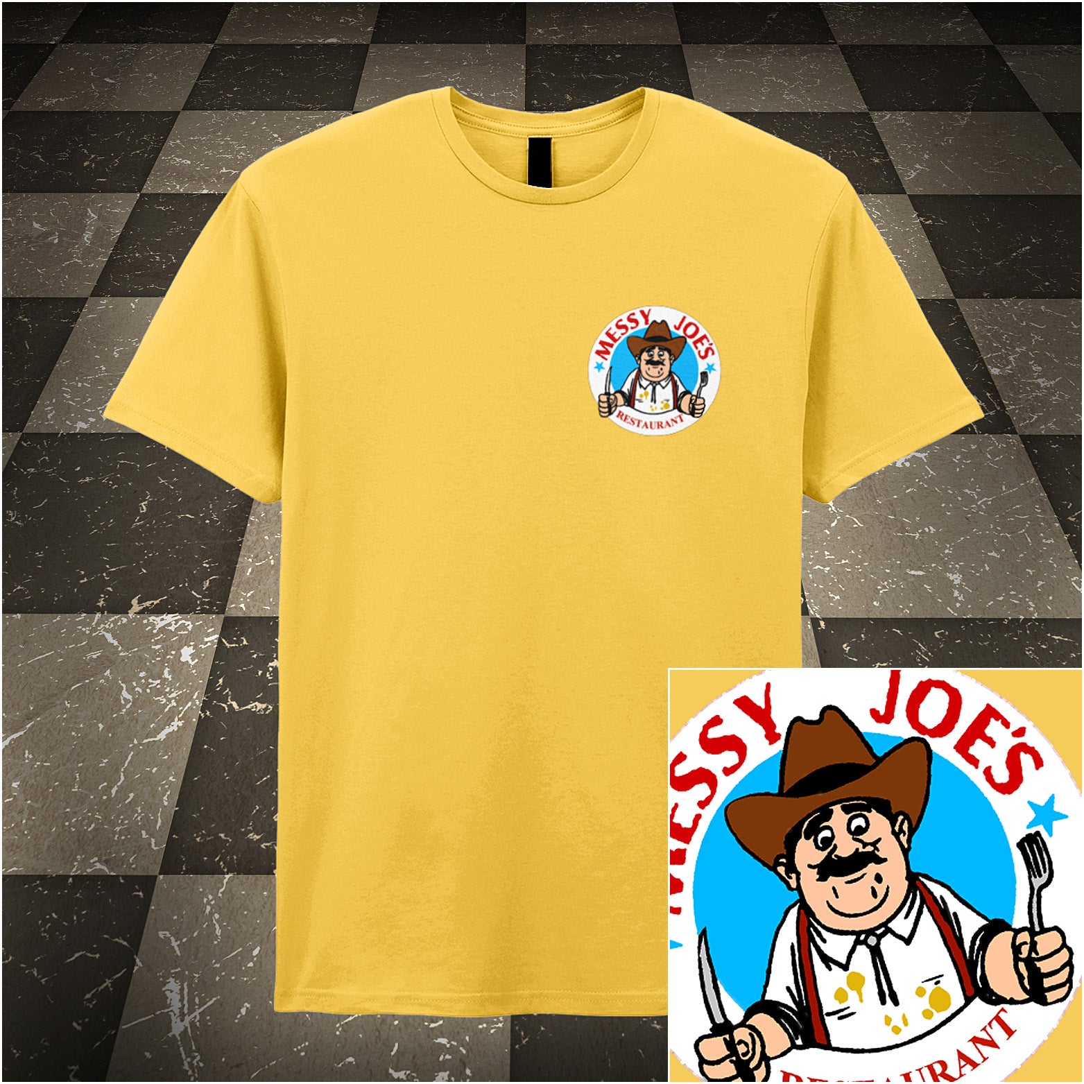 daisy unisex T-shirt featuring “Messy Joe's Restaurant” design inspired by The IT Crowd, styled with bold, playful lettering and a quirky diner theme.