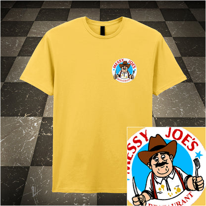 daisy unisex T-shirt featuring “Messy Joe's Restaurant” design inspired by The IT Crowd, styled with bold, playful lettering and a quirky diner theme.
