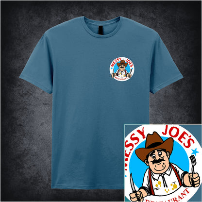 indigo unisex T-shirt featuring “Messy Joe's Restaurant” design inspired by The IT Crowd, styled with bold, playful lettering and a quirky diner theme.