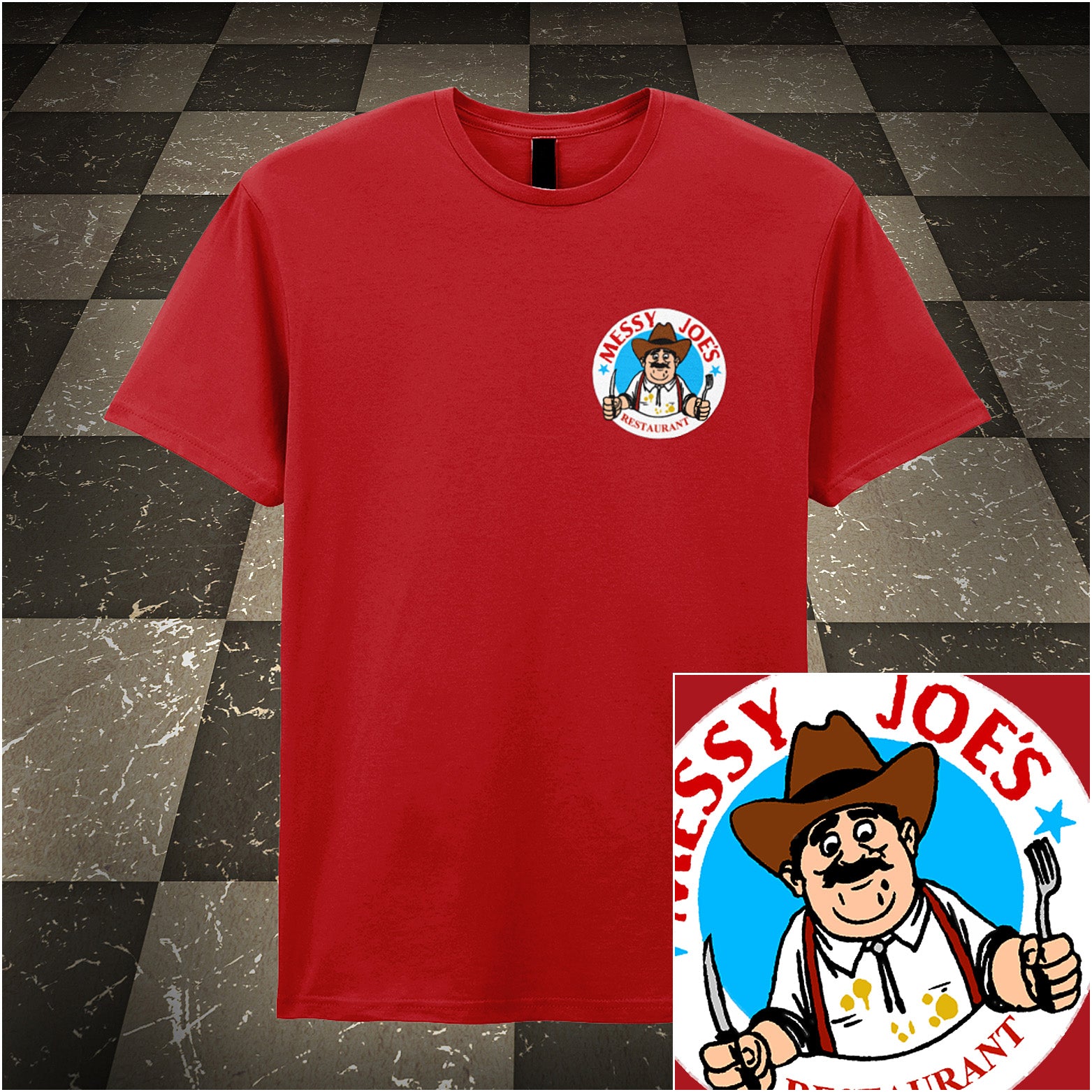 red unisex T-shirt featuring “Messy Joe's Restaurant” design inspired by The IT Crowd, styled with bold, playful lettering and a quirky diner theme.