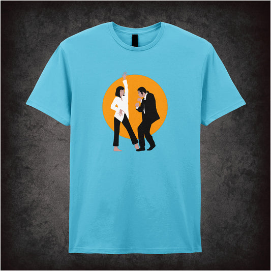 Pulp Fiction-inspired sapphire blue unisex T-shirt featuring Mia Wallace and Vincent Vega dancing at Jack Rabbit Slim's in a retro-style graphic.
