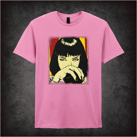 Pulp Fiction-inspired pink unisex T-shirt featuring Mia Wallace sniffing drugs with the quote 'I said goddamn' in bold retro-style lettering.