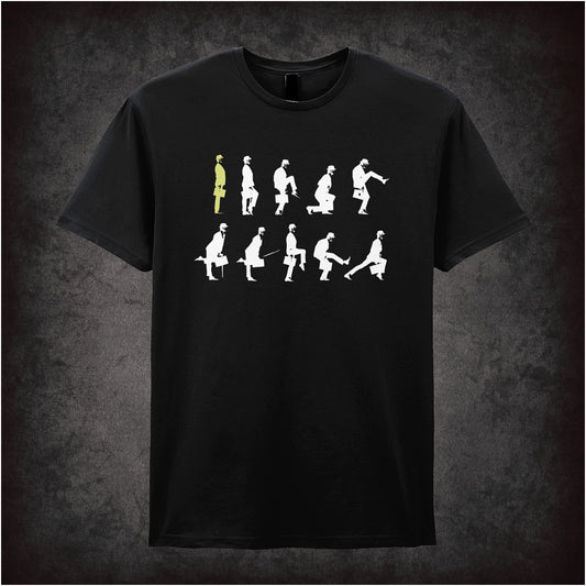 black unisex T-shirt featuring “Ministry of Silly Walks” design inspired by Monty Python's Flying Circus, displayed in playful black typography with a vintage comedy style.