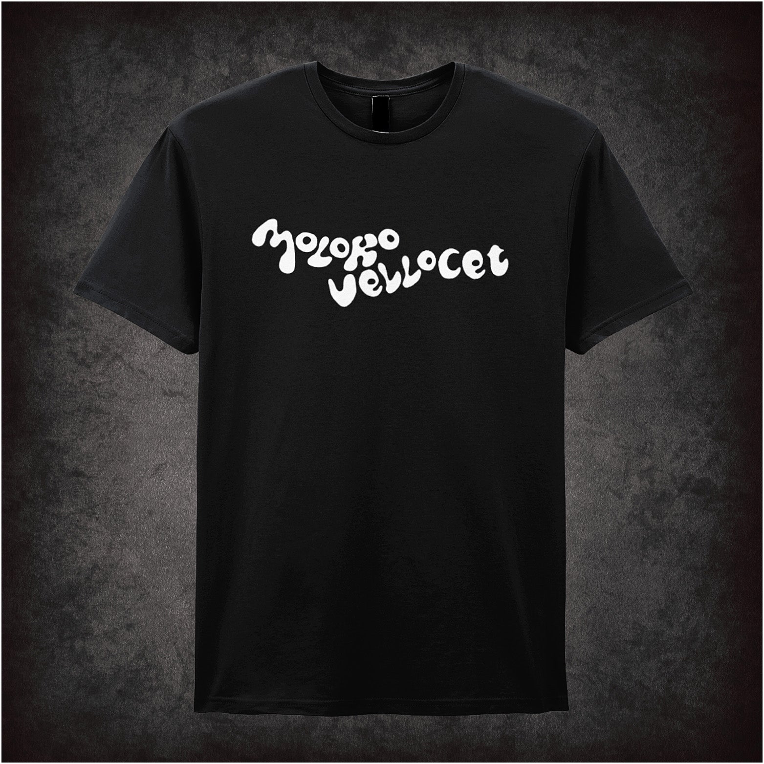 Black unisex T-shirt featuring the Moloko Vellocet logo from A Clockwork Orange in a bold, stylized white design.