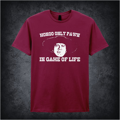 cardinal red unisex t-shirt featuring the quote "Mongo Only Pawn In Game Of Life" from Blazing Saddles in bold, stylized lettering.