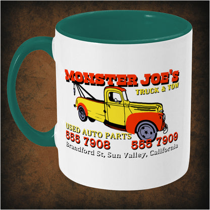 Monster Joe’s Truck N Tow two-toned mug inspired by Pulp Fiction, left hand side featuring vintage garage-style design, iconic movie reference, and collectible Quentin Tarantino fan merchandise.