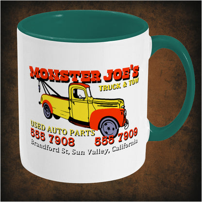 Monster Joe’s Truck N Tow two-toned mug inspired by Pulp Fiction, right hand side featuring vintage garage-style design, iconic movie reference, and collectible Quentin Tarantino fan merchandise.