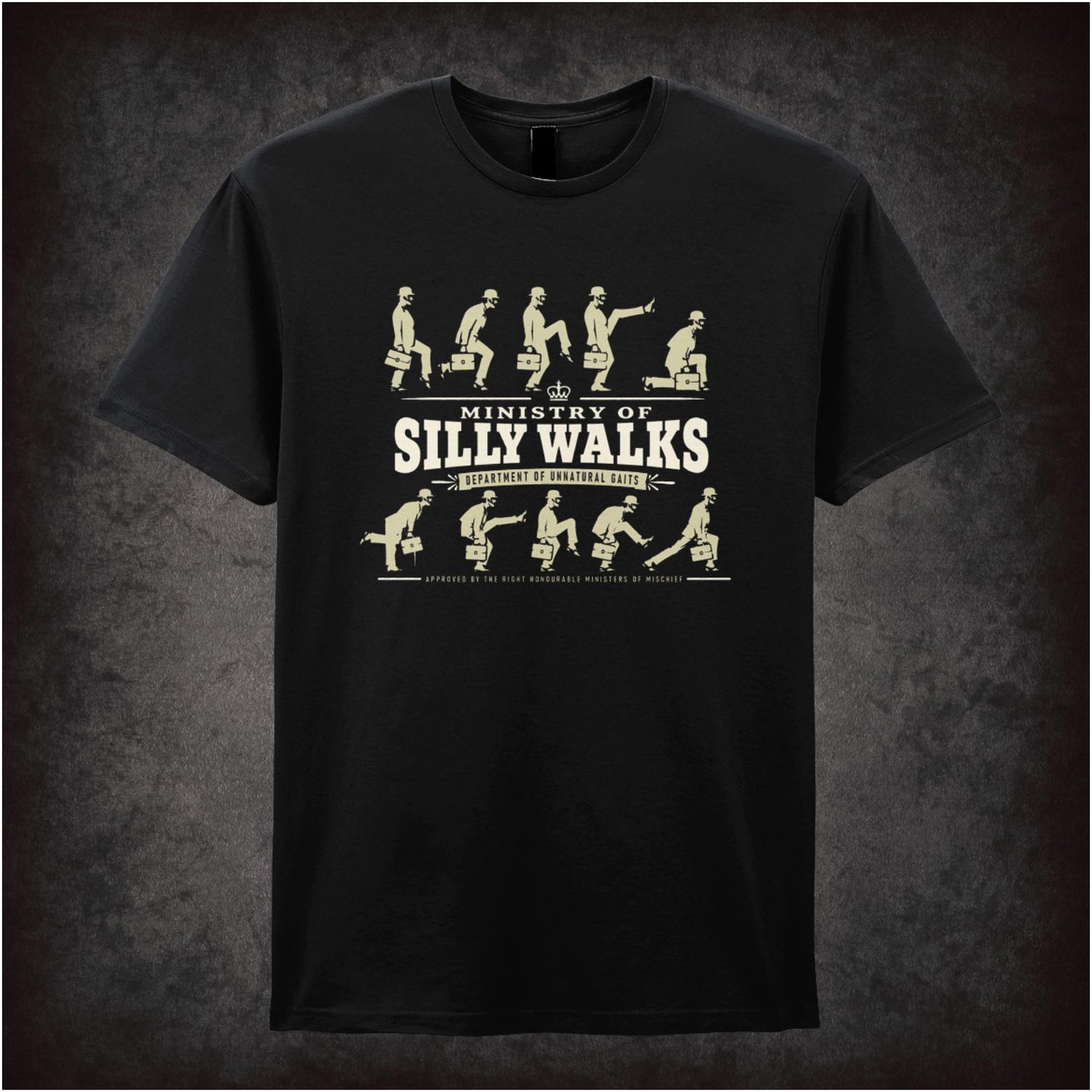 Ministry of Silly Walks logo T-shirt in black from Monty Python’s Flying Circus