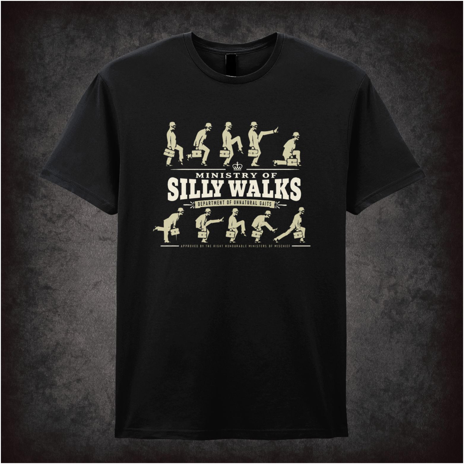 Ministry of Silly Walks logo T-shirt in black from Monty Python’s Flying Circus