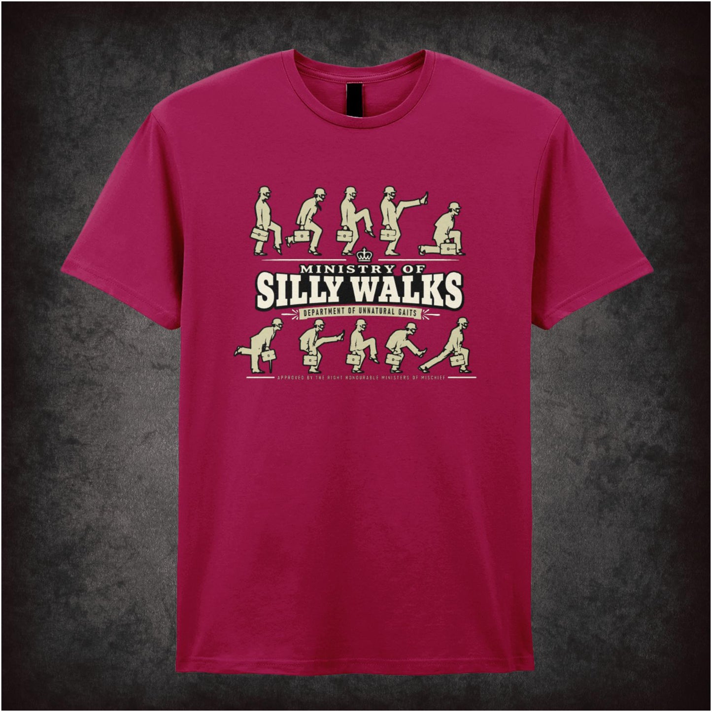 Ministry of Silly Walks logo T-shirt in cardinal red from Monty Python’s Flying Circus