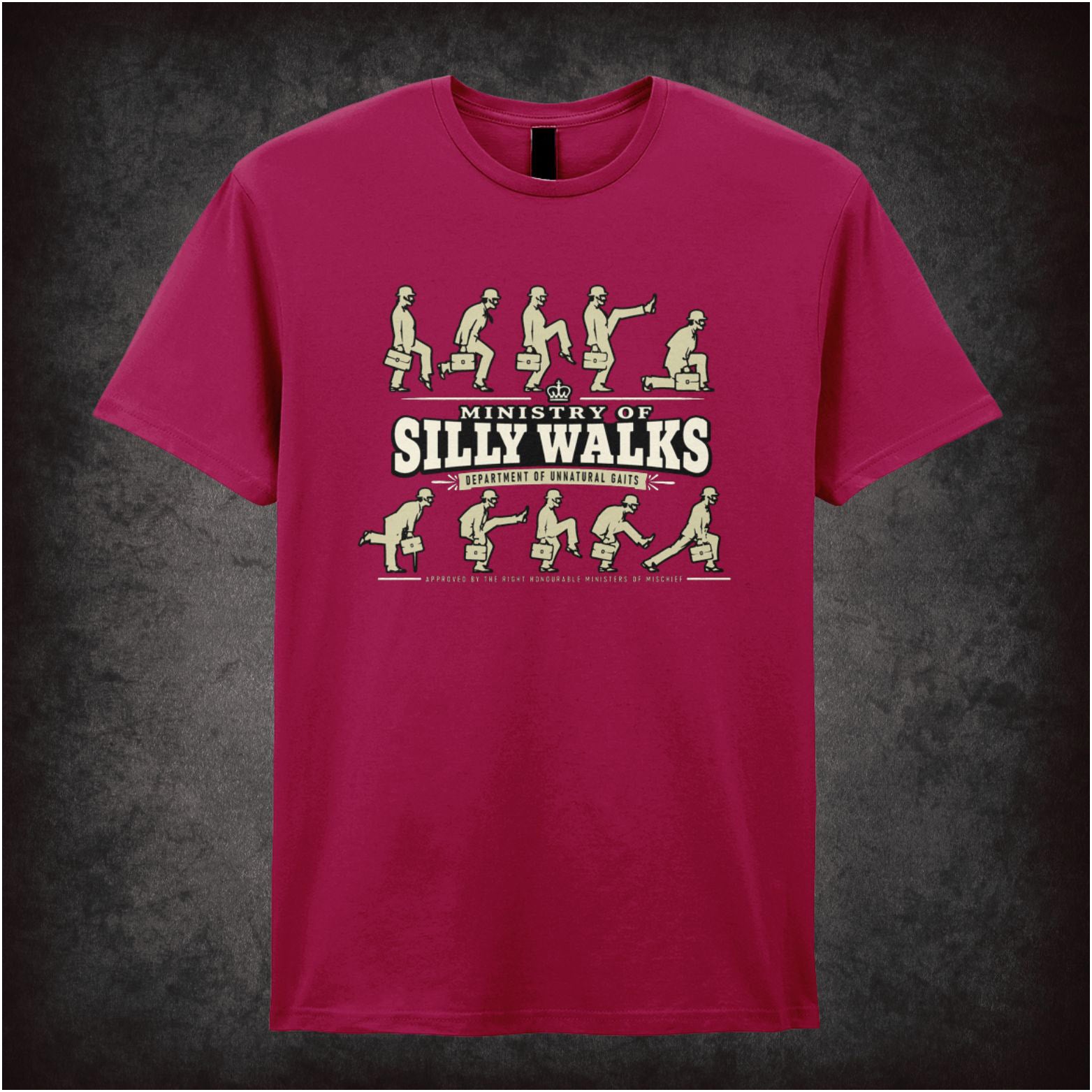 Ministry of Silly Walks logo T-shirt in cardinal red from Monty Python’s Flying Circus