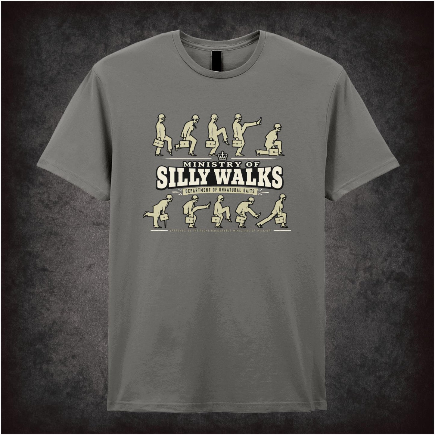 Ministry of Silly Walks logo T-shirt in charcoal from Monty Python’s Flying Circus