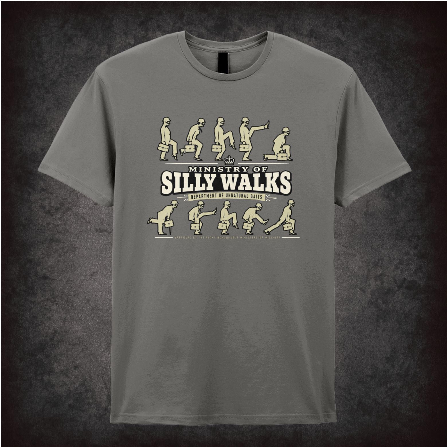 Ministry of Silly Walks logo T-shirt in charcoal from Monty Python’s Flying Circus