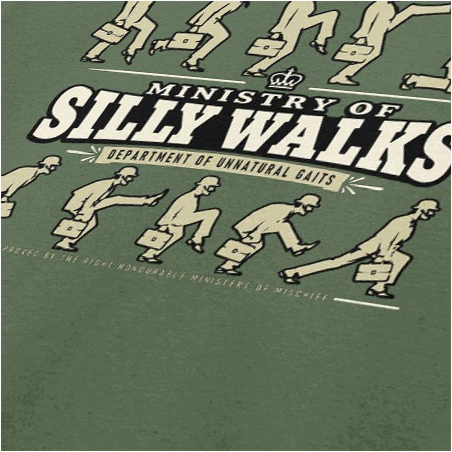 Ministry of Silly Walks logo T-shirt close up in military green from Monty Python’s Flying Circus