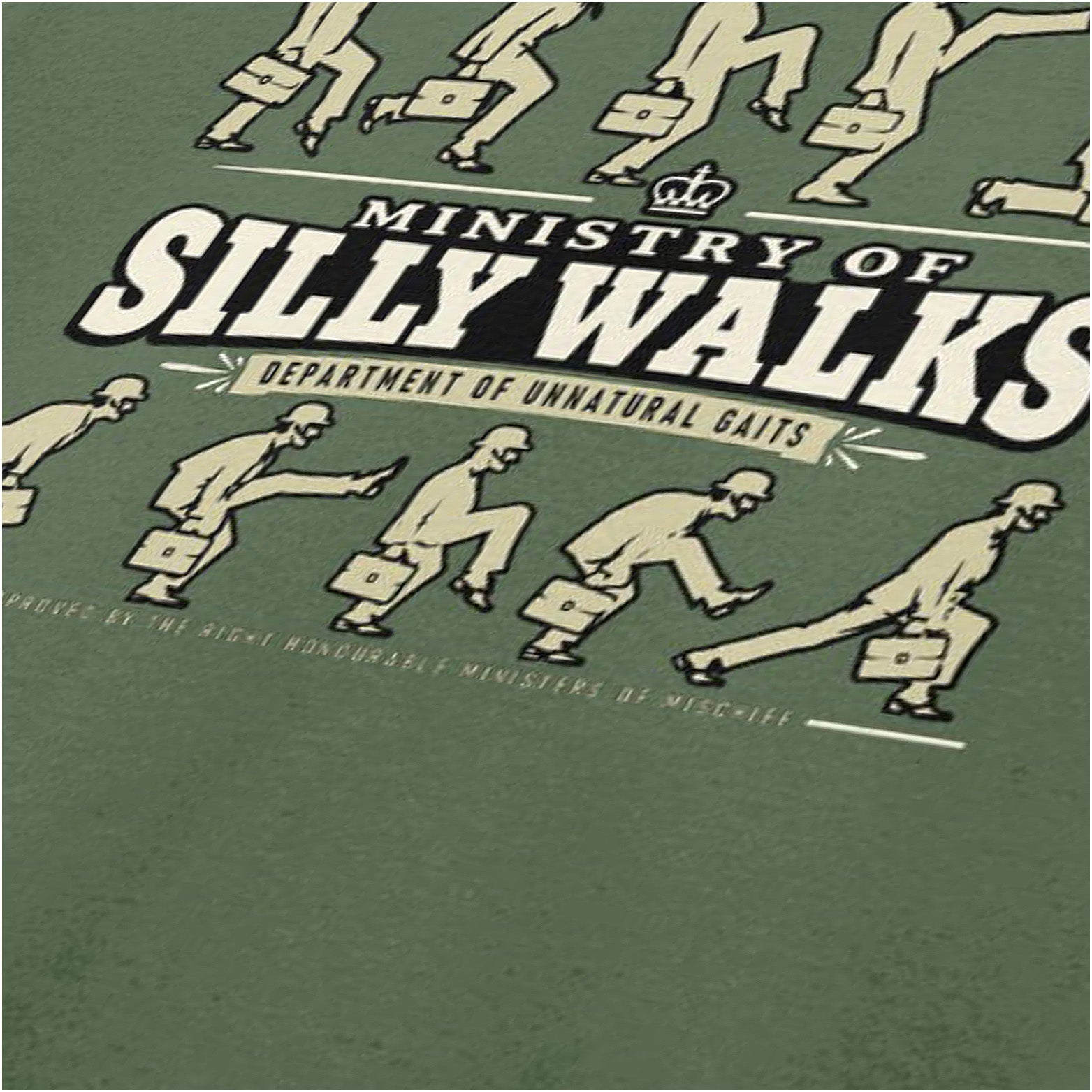 Ministry of Silly Walks logo T-shirt close up in military green from Monty Python’s Flying Circus