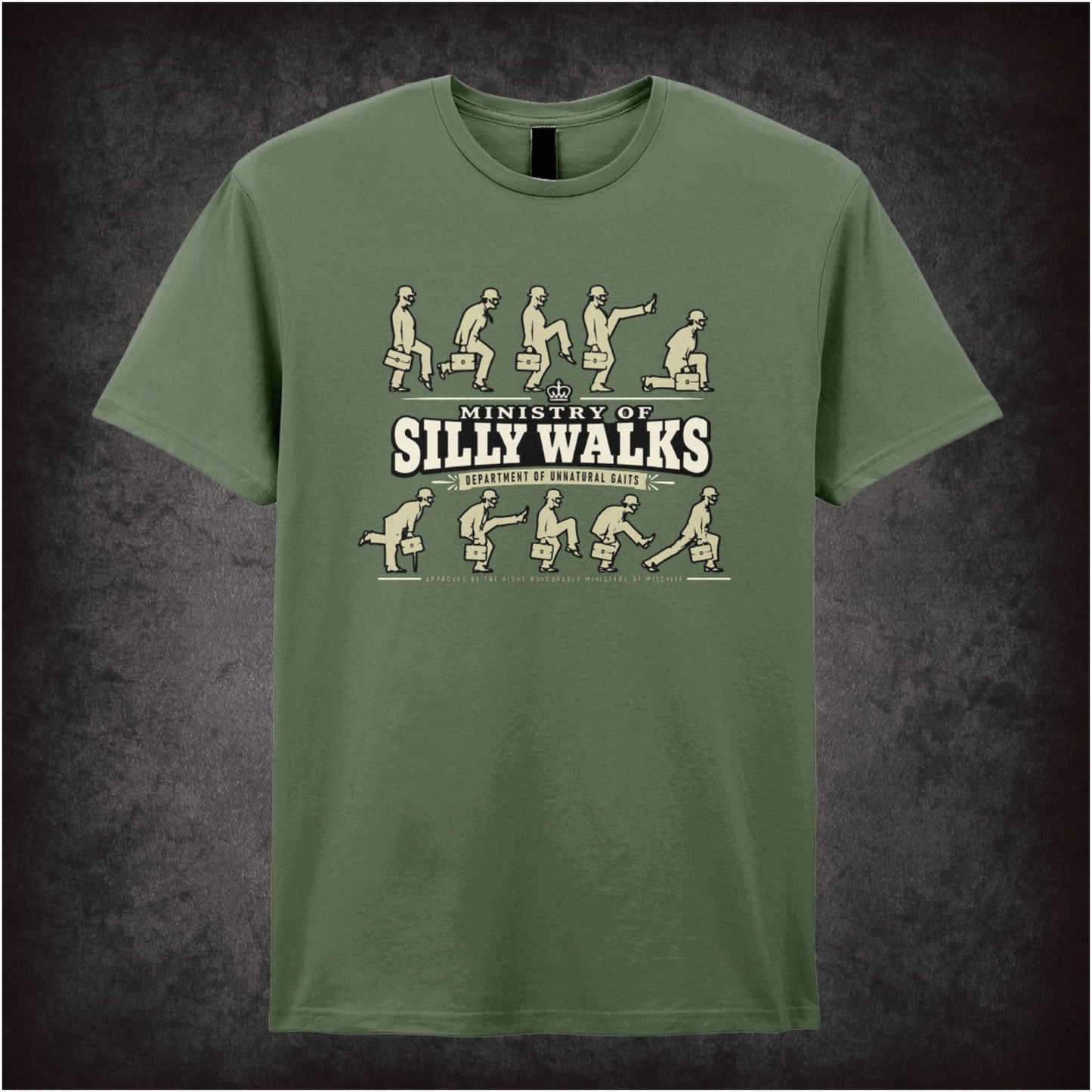 Ministry of Silly Walks logo T-shirt in military green from Monty Python’s Flying Circus