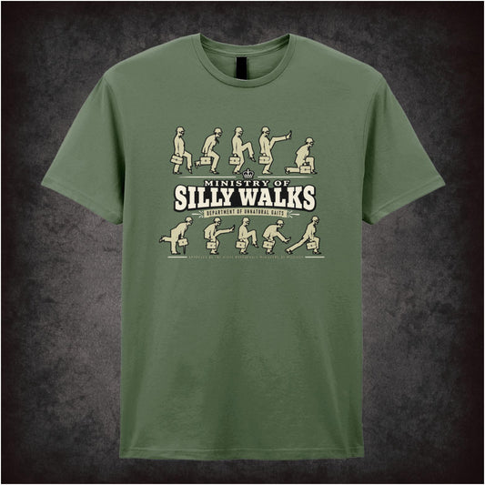 Ministry of Silly Walks logo T-shirt in military green from Monty Python’s Flying Circus
