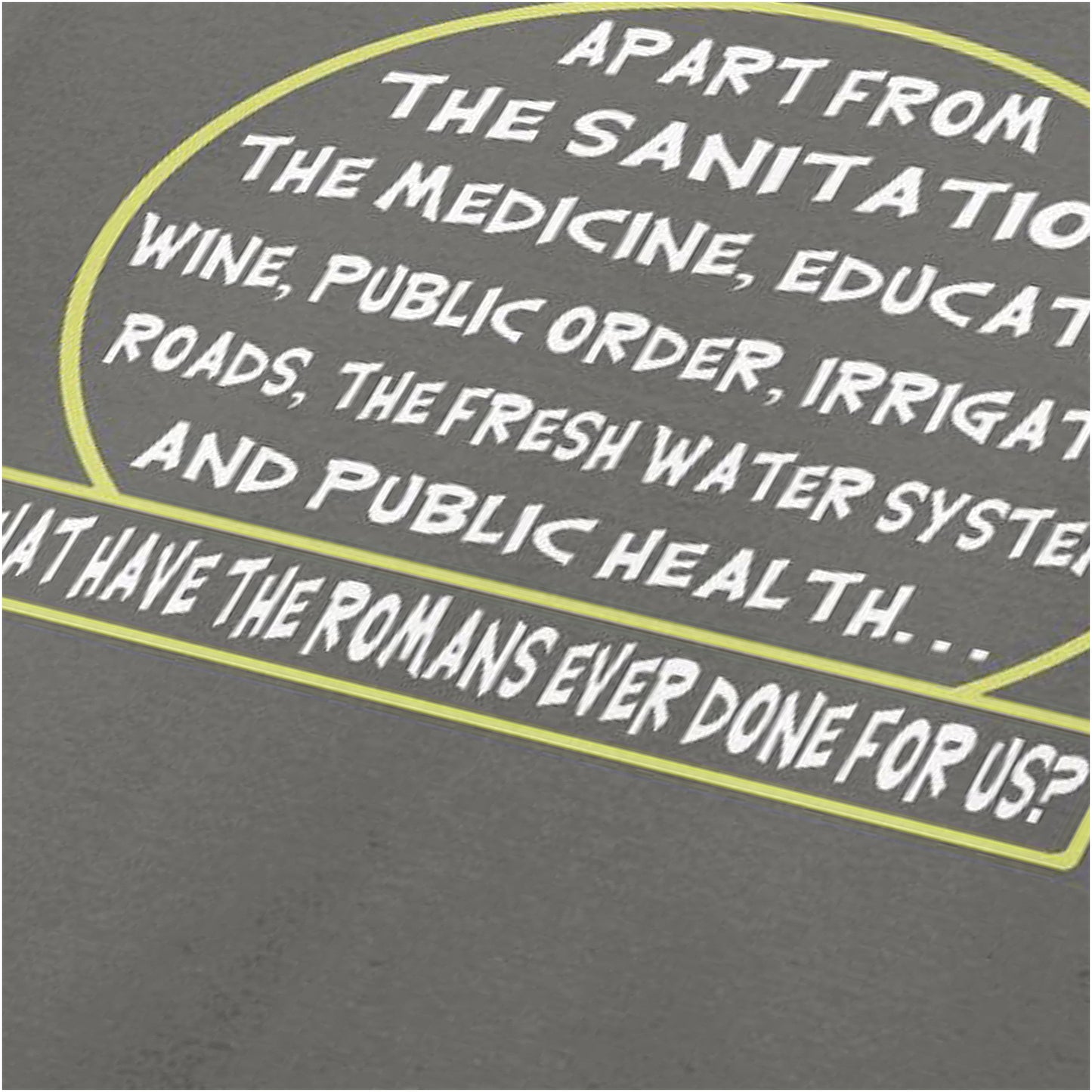 Close-up of ‘What have the Romans ever done for us?’ quote T-shirt in charcoal from Monty Python’s Life of Brian