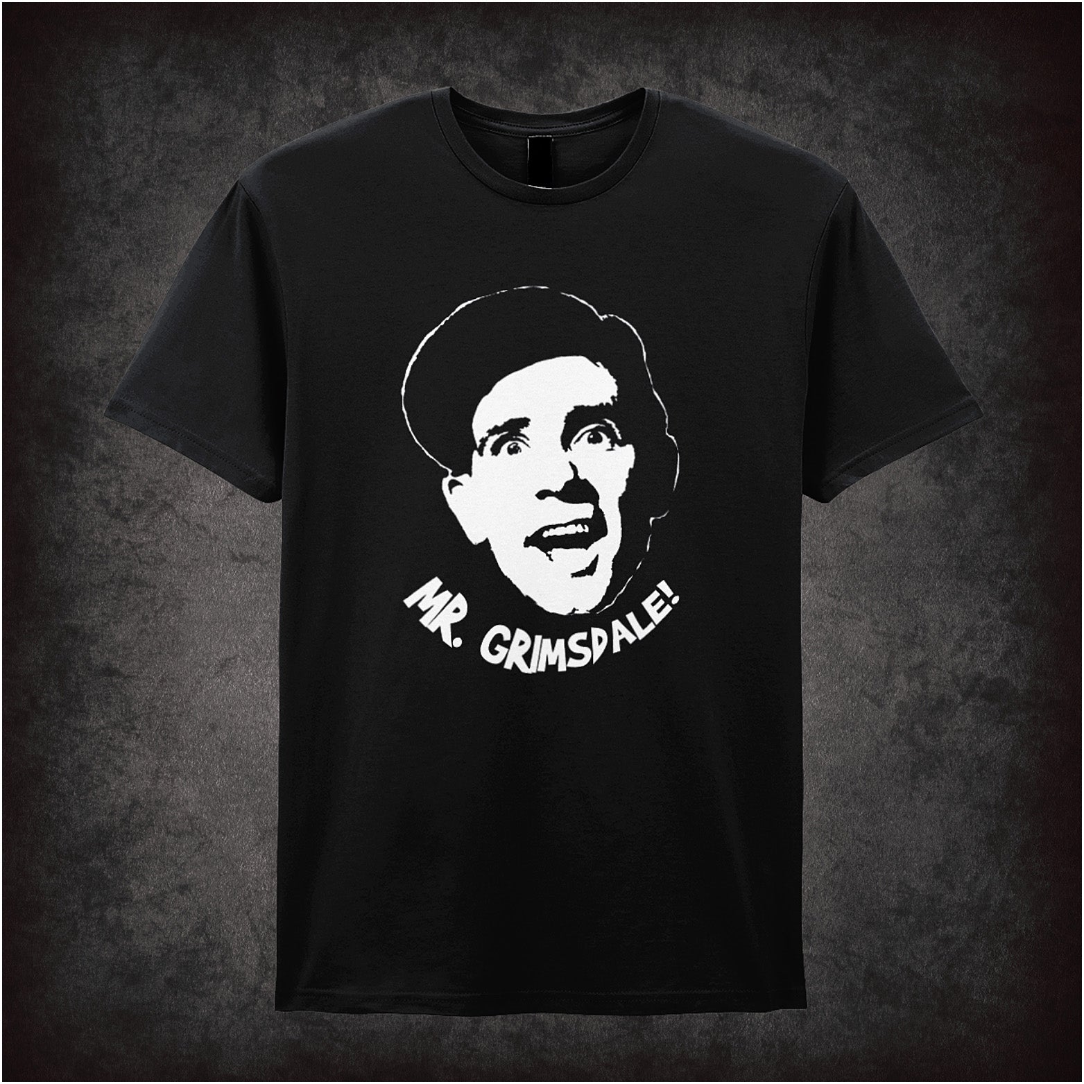 Classic black soft style unisex T-shirt with bold text "Mr. Grimsdale!" inspired by Norman Wisdom, celebrating vintage British comedy charm.