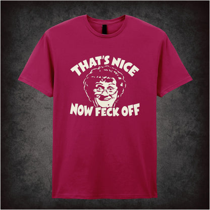 “Mrs Brown ‘That’s nice, now feck off’ T-shirt in cardinal red from Mrs Brown’s Boys”