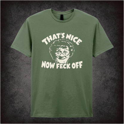 “Mrs Brown ‘That’s nice, now feck off’ T-shirt in military green from Mrs Brown’s Boys”