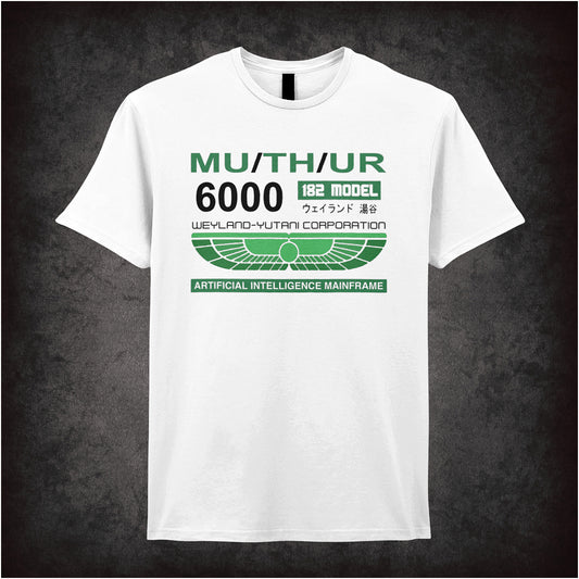 white coloured unisex t-shirt featuring a graphic of the MU/TH/UR 6000 AI Computer Systems interface from Alien, with retro-style text and futuristic design elements.
