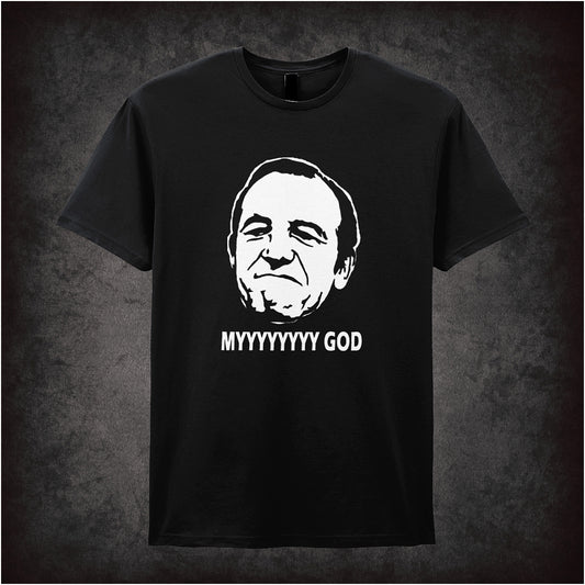 Soft style black unisex T-shirt featuring the iconic catchphrase "Myyyyyyy God" inspired by Rising Damp, a nod to classic British sitcom humor.