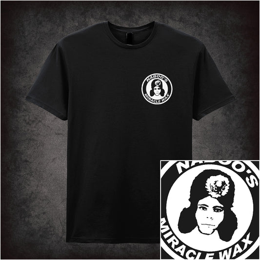 black unisex T-shirt featuring “Naboo's Miracle Wax” design inspired by The Mighty Boosh, with colorful, retro-style typography and whimsical detailing.