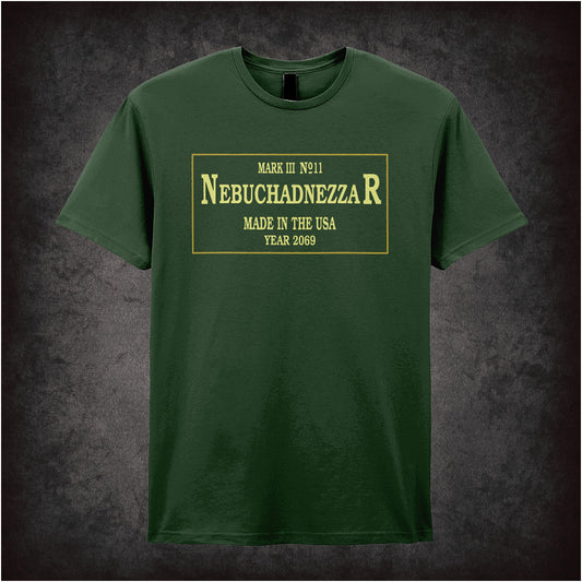 forest unisex T-shirt featuring the text “Nebuchadnezzar Mark III Number 11” inspired by The Matrix, styled in futuristic white lettering with a cyberpunk aesthetic.